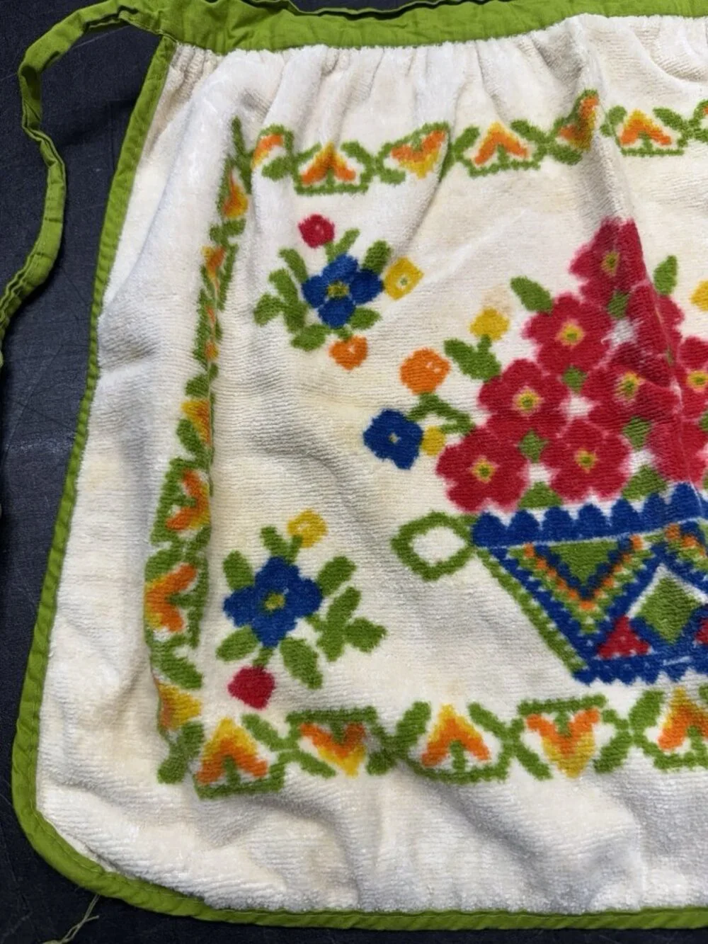 Vintage Terry Dish Cloth Towel Apron With Retro Flowers Orange Green Blue Red